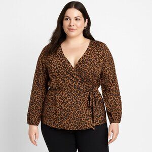 Lane Bryant Leopard Print Faux Wrap Blouse Size 18 Long Sleeve